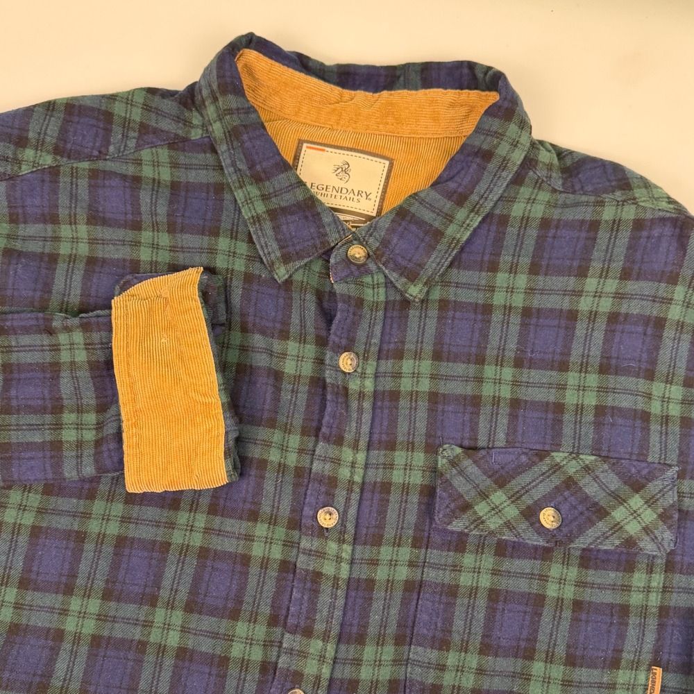 Legendary Whitetails Mens Green Navy Blue Plaid Flannel Shirt Corduroy Trim XL